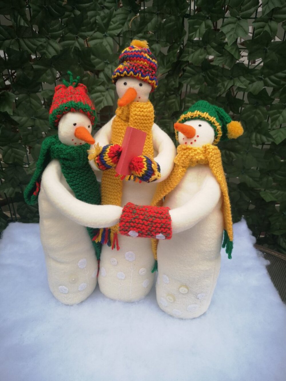 Handmade Snowman Carolers Felt Bodies w/ Glass Bottle Bottom Shelf Sitters White
